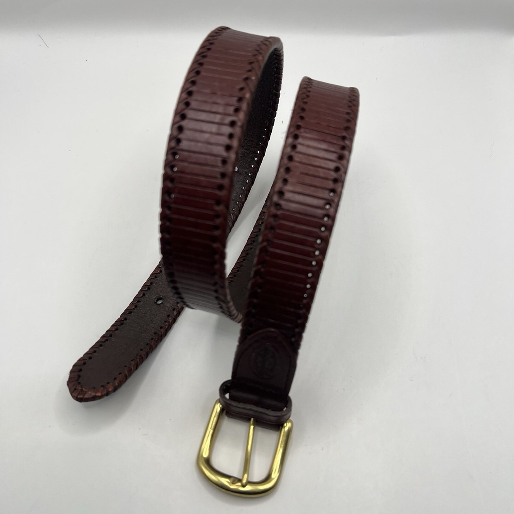 Remington Ribbed Italian Leather Brass Buckle Belt Sz 32 Brown Whipstich Detail